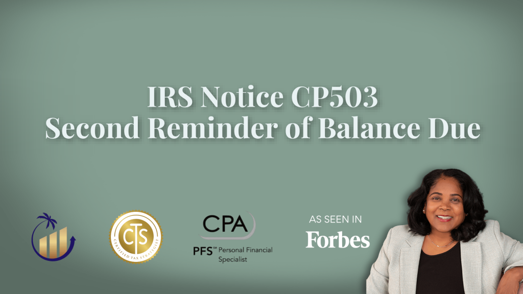 Oasis Tax Advisory header for IRS Notice CP503, a second reminder of an unpaid balance due